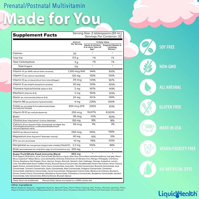 LIQUIDHEALTH Prenatal/Postnatal Multiple Liquid Women's Multivitamin with Real Folate - Pre &amp Postnatal Vitamins for Before During After Pregnancy - Made in USA Vegan Sugar-Free Non-GMO (2 Pa