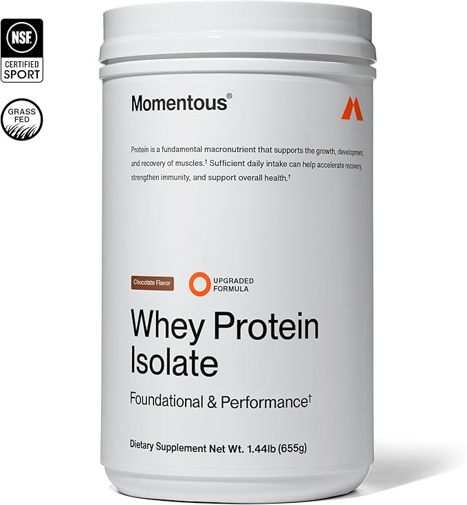 Momentous Essential Grass-Fed Whey Protein Powder – 20 g Whey Isolate Protein – NSF Certified for Sport – Gluten-Free – 25 Servings for Essential Everyday Use – Chocolate – Net WT 1.44 LB (655 g)