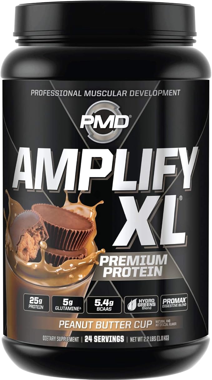 PMD Sports Amplify XL Premium Whey Protein Supplement Hydro Greens Blend - Glutamine and Whey Protein Matrix with Superfood for Muscle Strength and Recovery - Peanut Butter Cup (24 Servings)