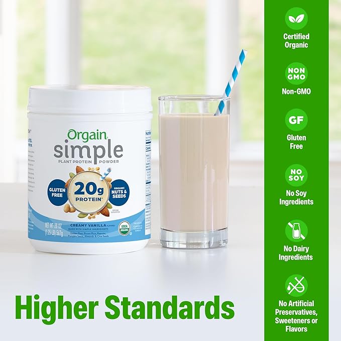 Orgain Organic Simple Vegan Protein Powder Vanilla - 20g Plant Based Protein Made with less Ingredients No Artificial Sweeteners Gluten Free No Dairy or Lactose 1.25 lb (Packaging May Vary)