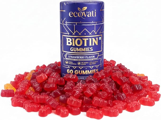 Biotin Gummies for Hair Strawberry Flavor 60 Count with Vitamin A C E Fibre and Zinc No Added Sugar 100% Vegan Gluten Free