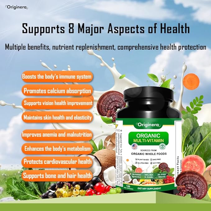 Organic Whole Foods Supplement Multi-Vitamin: Immune Brain &amp Heart Support | with Prebiotics and Postbiotics | Vegan Capsules for Men &amp Women. Gluten &amp Soy Free - 120 Plant-Sourced Capsu