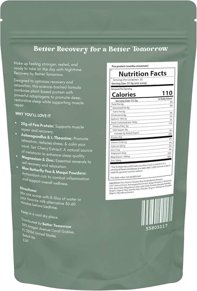 Better Tomorrow Nighttime Recovery Protein – 20g Plant-Based Pea Protein + Adaptogens | Sleep Support Muscle Recovery Stress Relief | Vegan Dairy-Free No Artificial Sweeteners