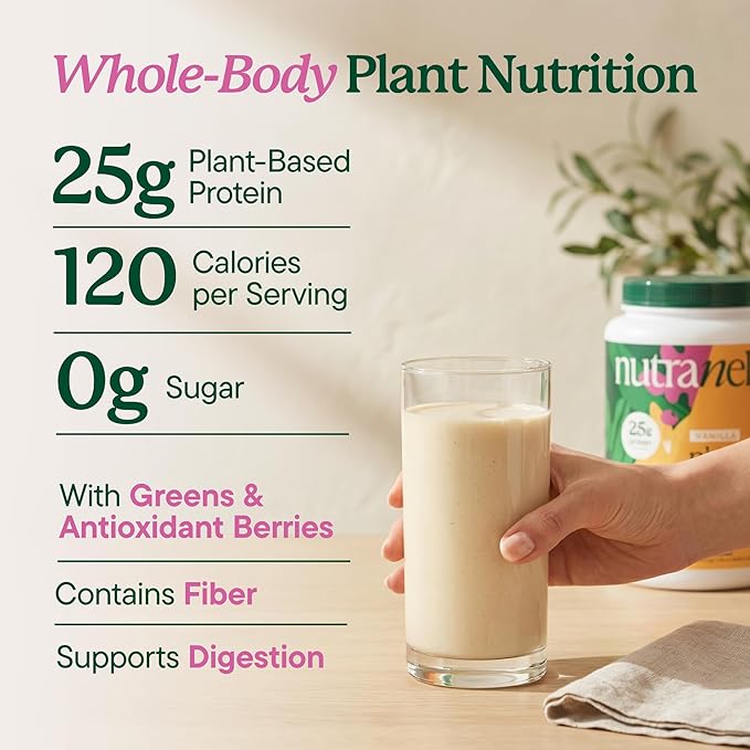 Nutranelle Vanilla Protein Powder - 25g Vegan Protein Powder with Greens - Unsweetened &amp Gluten Free Plant Based Protein - Gluten Free Nutrition Made in USA - Perfect for Smoothies Shakes &amp R