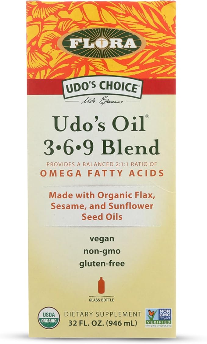 Flora Health UDO’s Oil Omega 3-6-9 32 Oz Supplement | Organic | Plant Based | Vegan Fish Oil Alternative | Blend of Flaxseed Coconut Evening Primrose &amp More