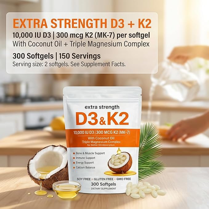 ELVERA Vitamin D3 K2 Magnesium Complex Extra Strength D3 &amp K2 with Triple Magnesium Softgels D3 K2 Vitamin 10000 IU Softgels(1)