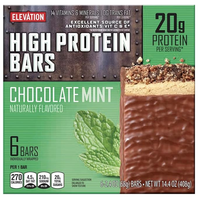 Generic ELEVATION Chocolate Mint High Protein Bars 6 count bars 14.4 oz. total 20 Grams Protein PER BAR!