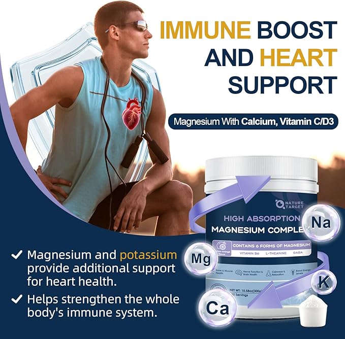 NATURE TARGET Magnesium Powder Supplement with Glycinate Citrate Malate Magnesium Complex with L-Theanine &amp Vitamin B6 for Muscle Heart &amp Brain Vegan 10.58 oz (100 Servings) Lemon Orang