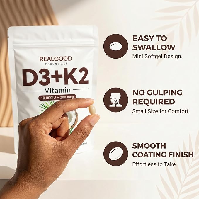 Real Good Essentials Vitamin D3 K2 D3 K2 Vitamin 10000 Iu Extra Strength 2-In-1 D&ampK Complex with Virgin Coconut Oil Free Of Gmo Gluten Soy Bone Health Supports Calcium Absorption 300 Softg