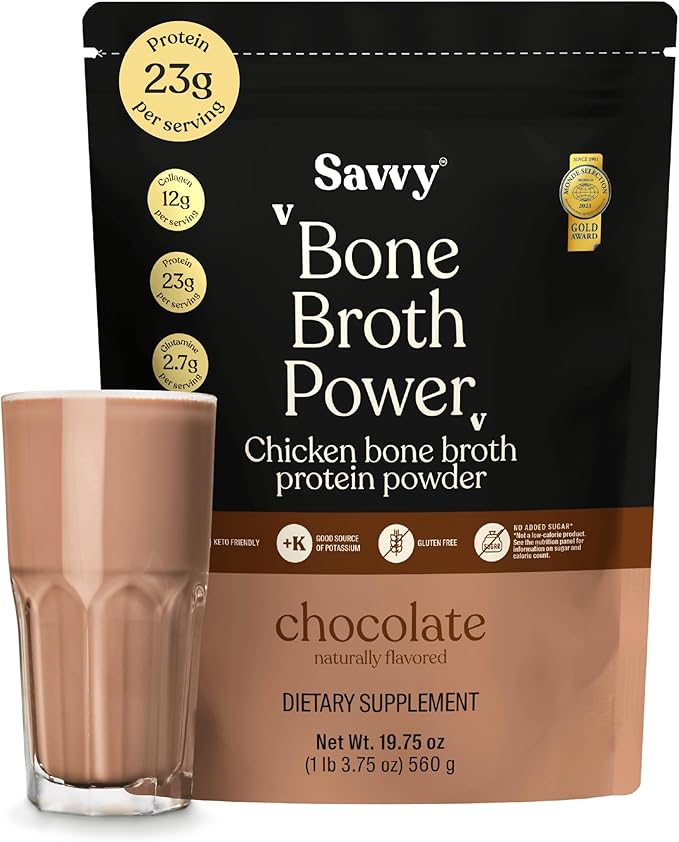 SAVVY Bone Broth Power Chocolate Protein Powder 23g Protein 12g Collagen &amp Glutamine Muscle Joint Digestive &amp Skin Health Keto Dairy Free Award-Winning Bone Broth 560g (16 Servings)