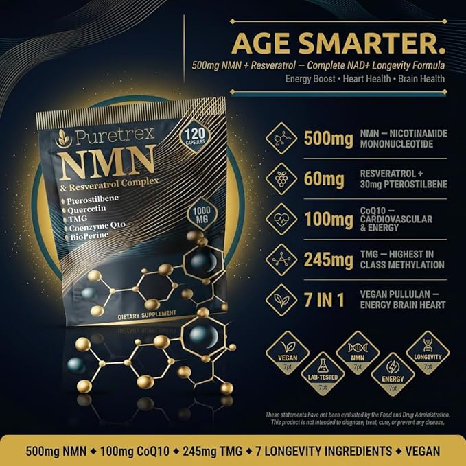 NMN &amp Resveratrol Complex 1000mg 120 Capsules Dietary Supplement with Pterostilbene Quercetin TMG Coenzyme Q10 BioPerine