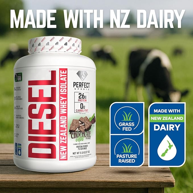 PERFECT SPORTS Diesel 100% New Zealand Whey Protein Isolate | Stevia Sweetened No Artificial Ingredients Keto | 0g Carb 0g Fat 26g Protein | 5 Pounds (Chocolate Mint)