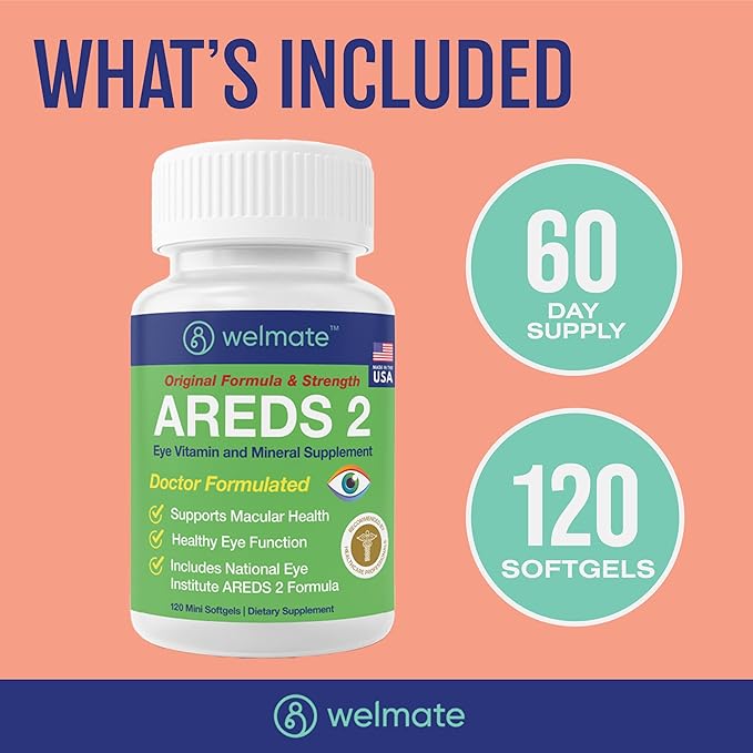 WELMATE - AREDS 2 (60 Servings) - Eye Vitamin and Mineral Supplement - Vitamin C Zinc Lutein Zeaxanthin - Macular Health - Doctor Formulated &amp Tested - Eye Care - Gluten Free - 120 Mini Softgel