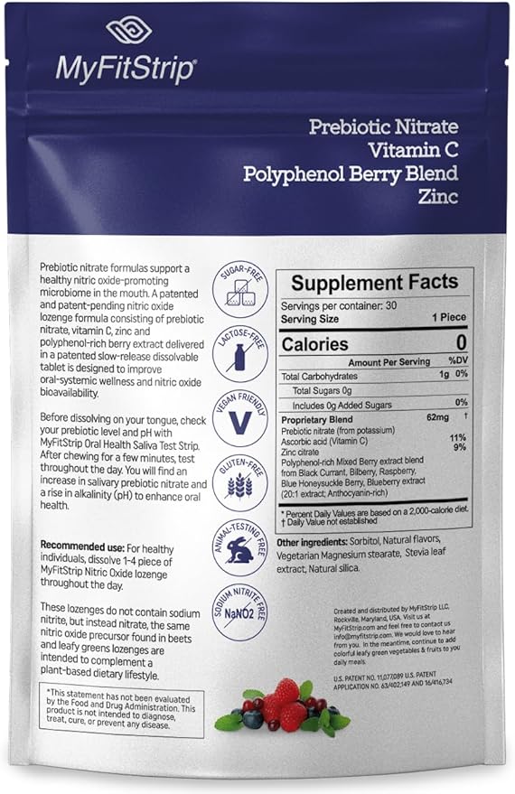 Nitric Oxide Lozenges - Oral Health &amp Cardiovascular Support - Prebiotic Nitric Oxide Vitamin C Polyphenol-Rich Berry Blend and Zinc - 30 Cool Mint