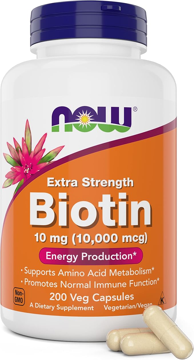 NOW Foods Extra Strength Biotin 10000mcg / 10 mg - 200 Count - Hair Skin Nail - Supplement for Men and Women - B7 Vitamin - Vegetarian Vegan Non-GMO