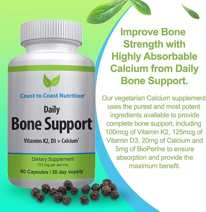 Daily Bone Support: Calcium Supplement with Vitamin D3 K2 - Supplement for Bones – Ideal for Older Adults Postmenopausal Women Athletes - 60 Vegetarian Capsules