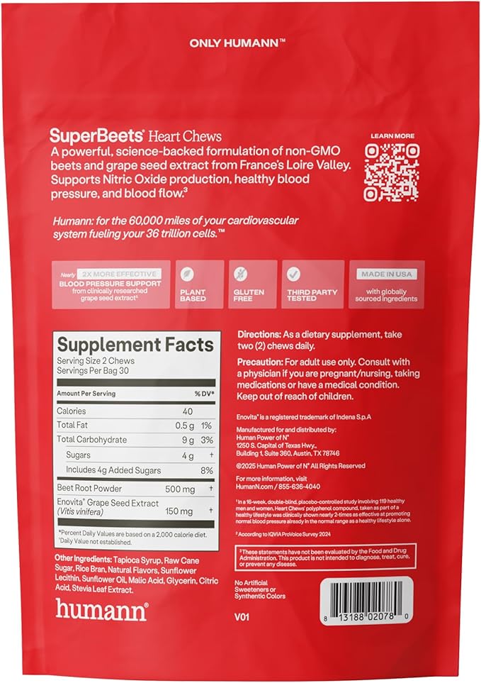 Humann SuperBeets Heart Chews Nitric Oxide and Blood Pressure Support Grape Seed Extract &amp Non-GMO Beet Root Powder Energy Supplement Pomegranate Berry Flavor 60 Count