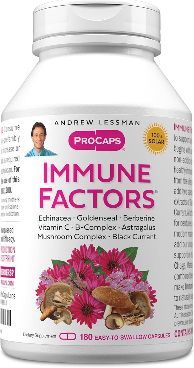ANDREW LESSMAN Immune Factors 180 Capsules – Echinacea Goldenseal Vitamin C Astragalus Berberine Mushroom Blend Black Currant. Supports and Promotes Immune System and Natural Defenses