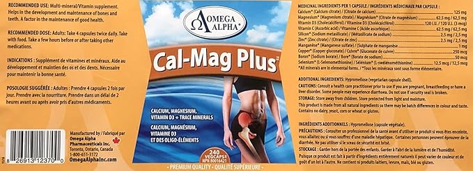 Omega Alpha. Cal-Mag Plus-Liquid Ca &amp Mg with Vitamin D+Trace Minerals-Helps The Development and Maintenance of Bones and Teeth 240veg Capsules