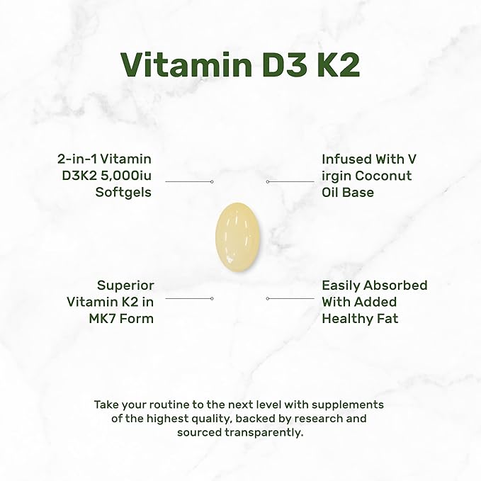 DEAL SUPPLEMENT Vitamin D3 5000 IU + K2 MK7 100mcg Softgels | 2-in-1 Complex with Virgin Coconut Oil | Supports Heart Bone Teeth &amp Immune Health | Easy to Swallow