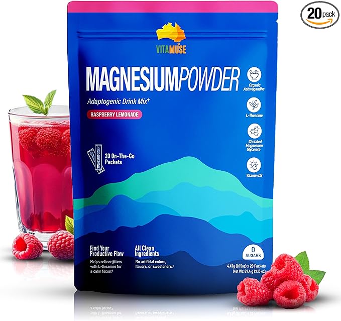 VITAMUSE Adaptogenic Magnesium Drink Mix Raspberry Lemonade Flavor 20 Packets with Ashwagandha L-Theanine Vitamin D3