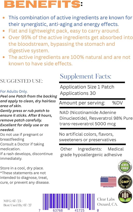 Pacific Health Sciences - Clear Labs NAD+ and Resveratrol Anti-Aging Patches Liposomal Formula for Energy and Cell Support - Maximum Absorption -