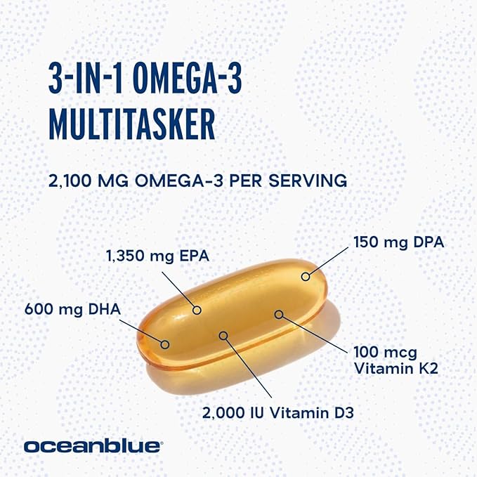 oce-anb1ue Omega 3 Fish Oil 2100mg with Vitamin K2 &amp D3 High Potency EPA DHA Omega-3 Supplement for Heart Joint Support Natural Orange Flavor 120 Softgels