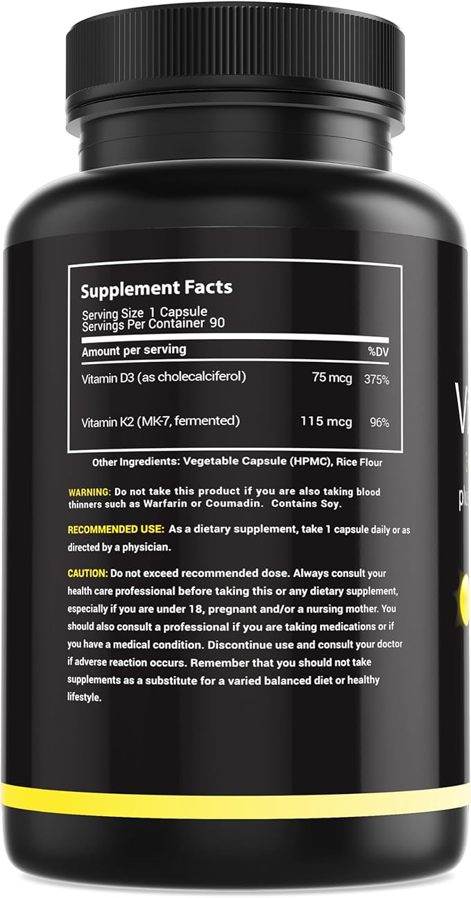 Vitamin D3 K2 3000 IU - with Vitamin K as MK-7 from Natto - High Potency Vitamin D Supplement Support Healthy Bones Teeth Heart &amp Immune Function Gluten-Free - 90 Capsules