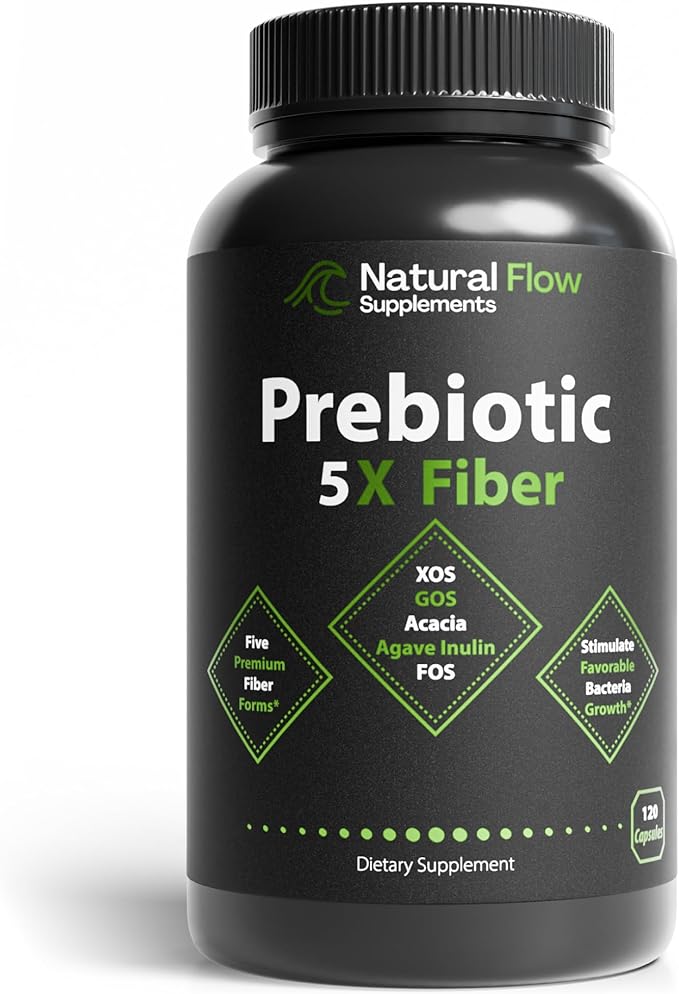 Prebiotic Fiber Supplement 5-in-1 Capsules - Natural Flow 5X Fiber XOS GOS FOS Acacia and Agave Inulin Daily Soluble Fiber Formula for Gut Support and Boost Good Bacteria Diversity 120 Caps