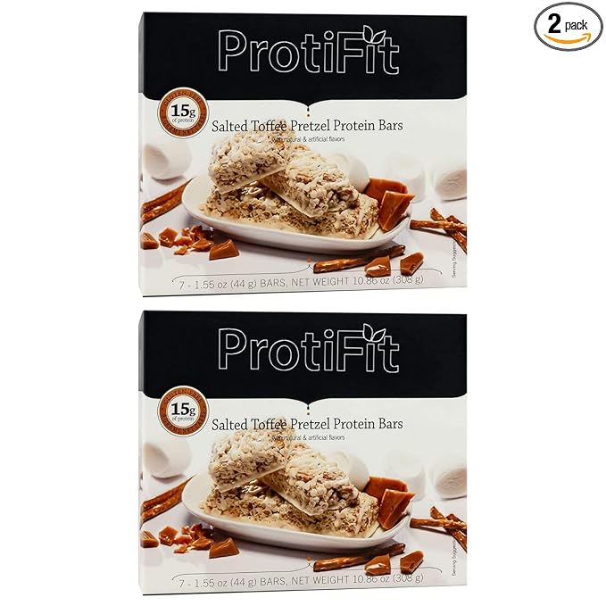 PROTIFIT - Low Calorie Salted Toffee Pretzel Protein Bar 2 Pack High Protein 15g Protein Low Carb Low Sugar Ideal Protein Compatible 7 Servings Per Box (2 Pack)