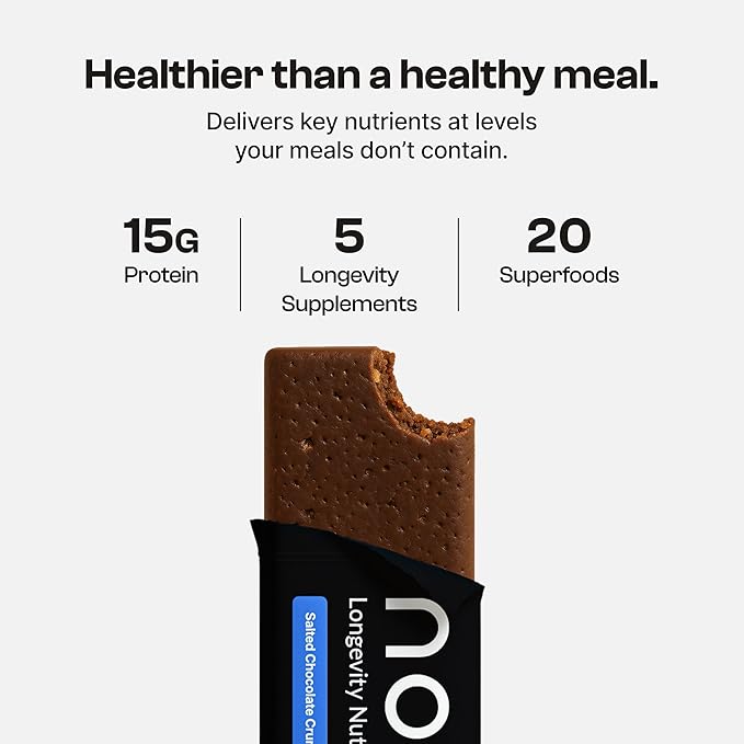 Novos Longevity Protein Bar | 15g Protein 20 Superfoods 5 Longevity Ingredients for Men &amp Women | Supports Skin Mind &amp Mood | Salted Chocolate Crunch (12-Pack)
