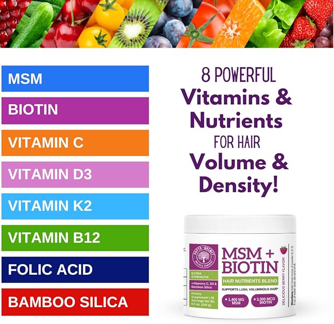 Qhemet Biologics MSM + Biotin Hair Nutrient Drink Mix - Vitamins Powder to Support Lush Volume - Bamboo Silica &amp Vitamins D3 + B12 for Hair Health - Jumpstart Your Hair Growth Journey (8.5 oz)