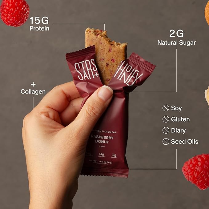 Stars + Honey Protein Bars Raspberry Donut 14g Protein 2g Sugar with Collagen Peptides Dairy Free Soy &amp Gluten Free Snacks for Adults Keto Friendly No Seed Oils or Sugar Alcohols 10 Pack