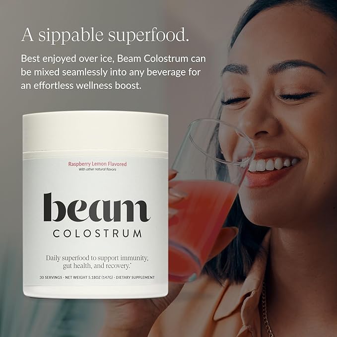 Beam Colostrum Powder – Grass-Fed Bovine Colostrum Supplement 3g Per Serving Colostrum for Gut Health Immune System &amp Digestive Health Support Raspberry Lemon Flavor 30 Servings