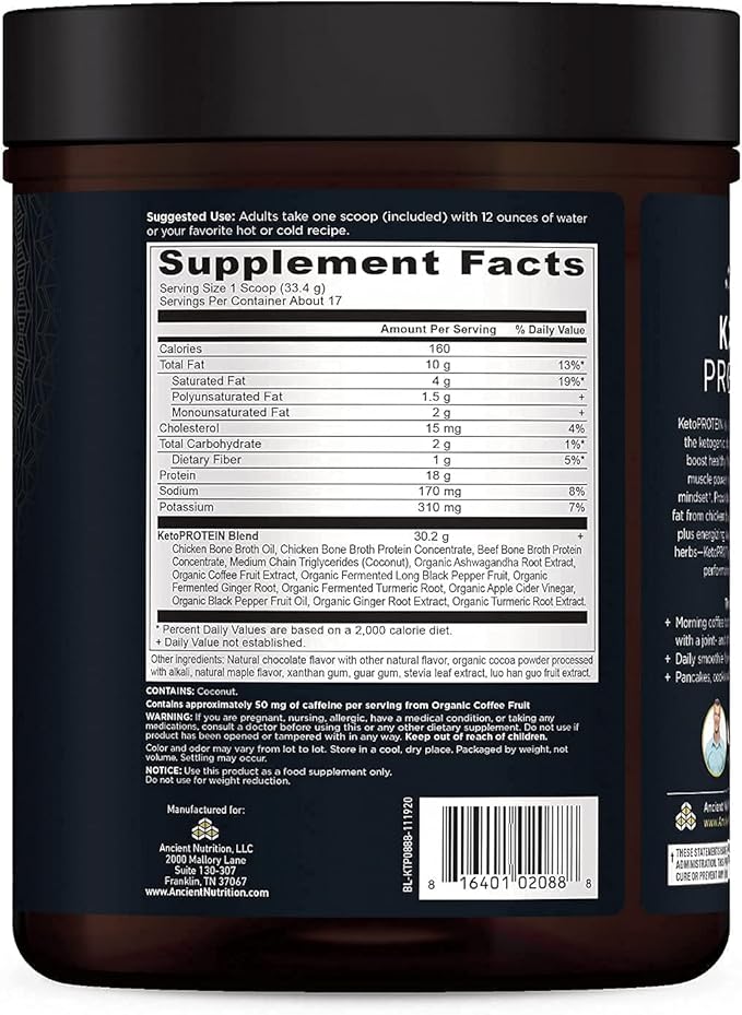 Ancient Nutrition Keto Protein Powder KetoPROTEIN with Fats from Bone Broth and MCT Oil Chocolate 18g Protein 10g Fat Per Serving Gluten Free Low Carb Paleo Friendly 17 Servings