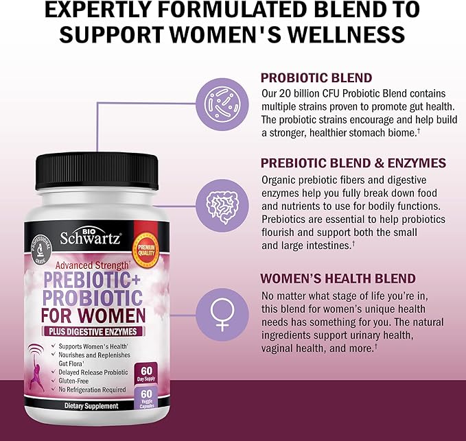 Prebiotics and Probiotics for Women - with Black Cohosh and Red Clover for Gut Vaginal and Immune Health Support Whole Food Digestive Enzymes Capsules Lactobacillus Probiotic Supplement 60 Count