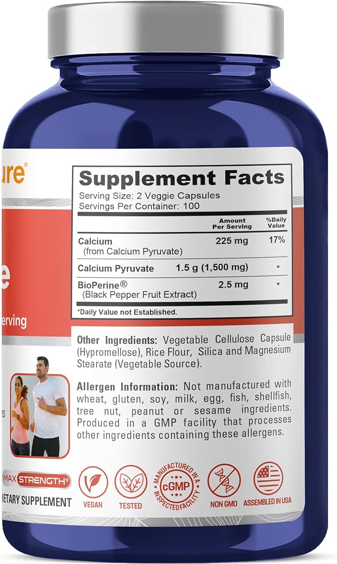 NusaPure Calcium Pyruvate - Suitable for Vegetarian/Vegan Non - GMO - 1500 mg - 200 Capsules