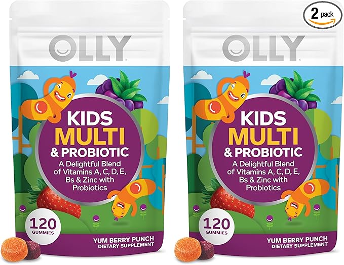 OLLY Kids Multivitamin &amp Probiotic GummyDigestive SupportVitamins ADCEBZincChewable SupplementBerry Flavor60 Day Supply -120 Count (Pack of 2)