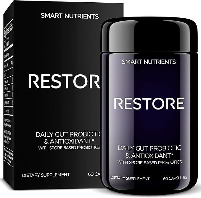 RESTORE Limited Edition | Digestive Probiotics &amp Antioxidant Daily Supplement | Supports IBS &amp Gut Health | 4 Clinically Proven Strains with 3 Spore-Based Probiotics | 60 Caps | 30 Day Supply
