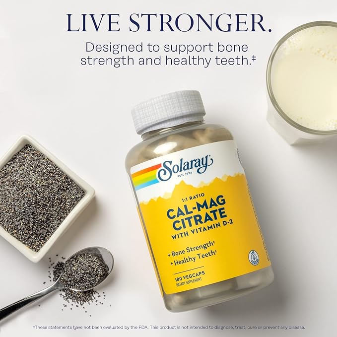 SOLARAY Calcium Magnesium Citrate 1:1 Ratio w/Vitamin D 2 - Calcium Supplements for Women and Men - Calcium 1000mg Magnesium 1000mg - Bone Health Support - 60-Day Guarantee 30 Servings 180 VegCaps