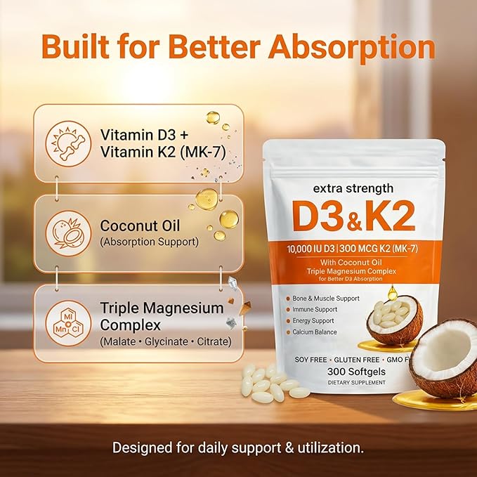 ELVERA Vitamin D3 K2 Magnesium Complex Extra Strength D3 &amp K2 with Triple Magnesium Softgels D3 K2 Vitamin 10000 IU Softgels(1)