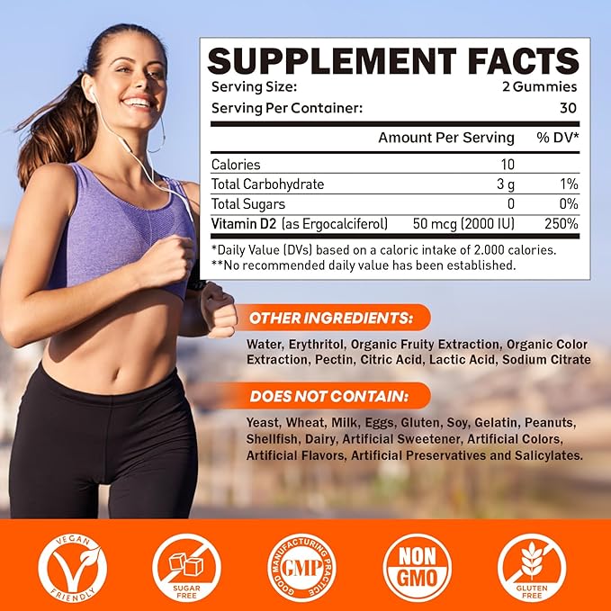 Vitamin D2 Gummies 2000 IU Plant-Based D2 Vitamin Supplement from Whole Mushroom Immune Support Daily Sunshine SupplyVegan Non-GMO Orange 120