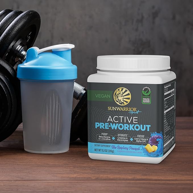 Sunwarrior Pre Workout Powder Energy Drink Vegan Plant-Based Supplement Pump Hydrate Focus Endurance &amp Strength Builder Blue Raspberry Pineapple Flavored 30 Servings Active Preworkout