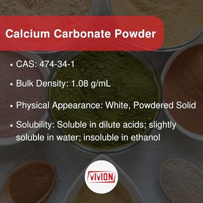 Calcium Carbonate Powder - 1000 Grams - Food Grade Anticaking Antacid Excipient Ingredient - Wine Deacidification &amp Limestone Filler Soil Amendment 1 kg (2.2 lb)
