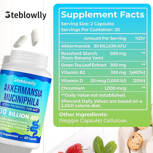 Akkermansia Probiotic Live Strain Probiotics for Women &amp Men Akkermansia Muciniphila for Gut Health Digestive Metabolic* Immune with Chromium Green Tea Leaf 60 Probiotic Capsule