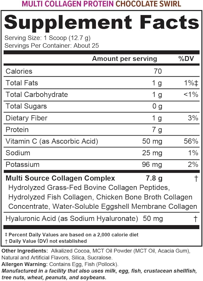 Multi Collagen Peptides Powder for Women - Hydrolyzed Chocolate Collagen Powder for Women with Types I II III V &amp X Vitamin C &amp Hyaluronic Acid for Hair Skin and Nails (Chocolate) - 25 Serving