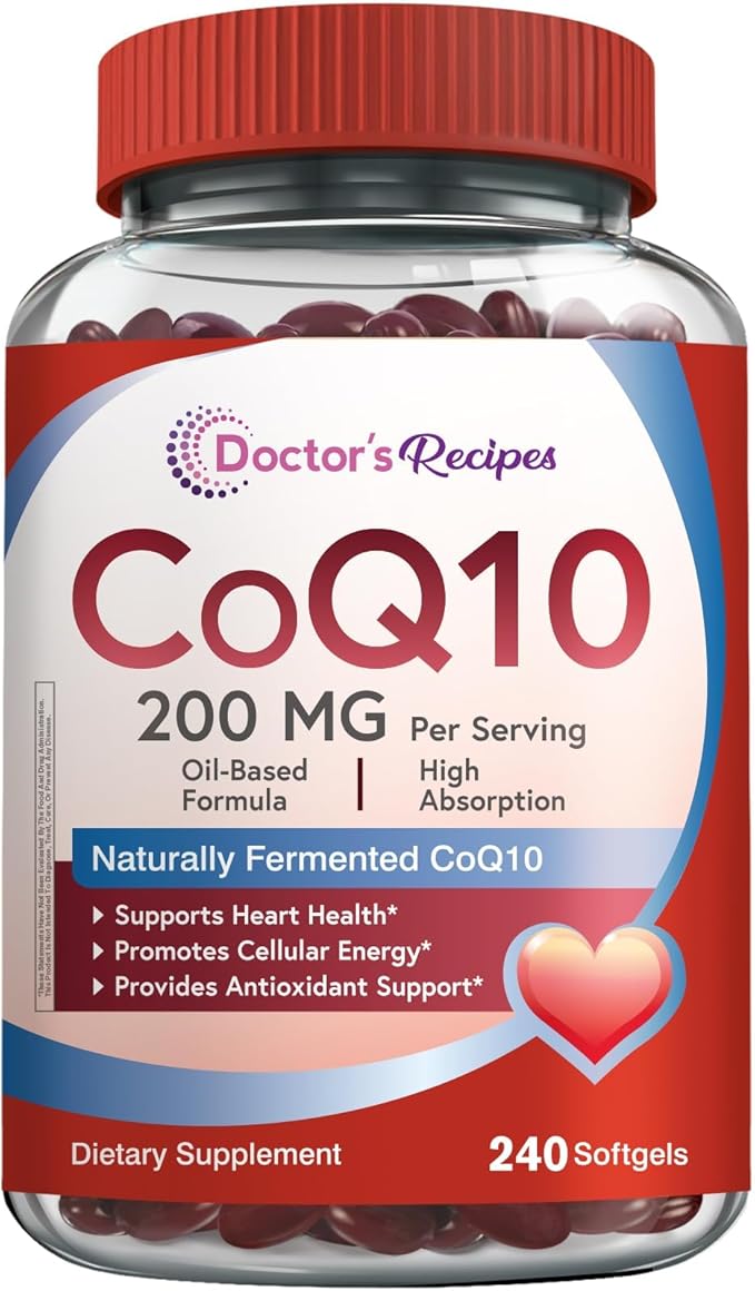 Doctor's Recipes CoQ10 200mg Per Serving High Absorption Coenzyme Q10 Supplement with Olive Oil Heart &amp Vascular Health Energy Production &amp Antioxidant Support 4 Month Supply 240 Softgels
