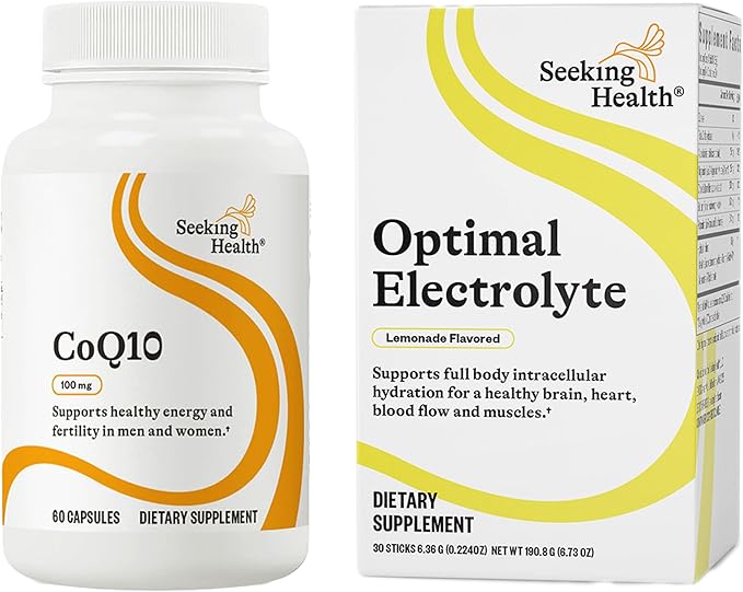 Seeking Health CoQ10 &amp Optimal Electrolyte Sticks Lemonade—CoQ10 for Heart &amp Energy Support and Lemonade Electrolyte Stick Packs for Hydration (60 Capsules)