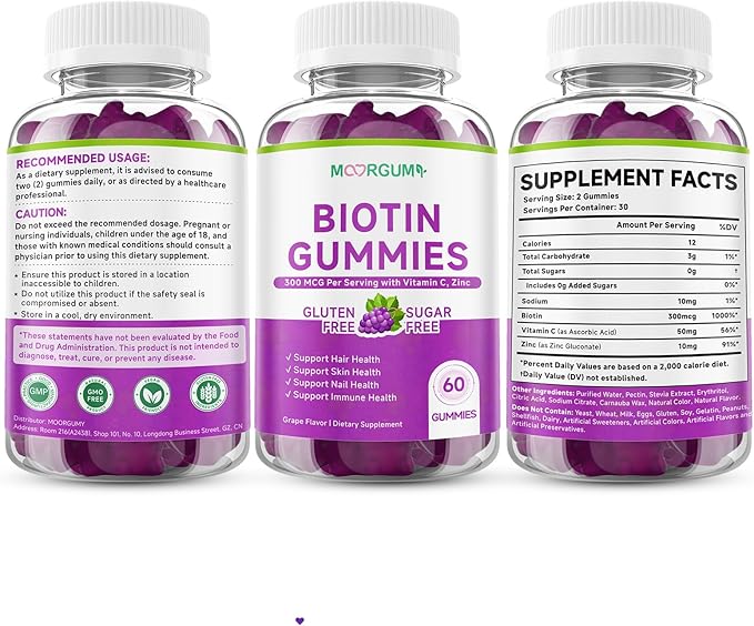 Sugar Free Biotin Hair Skin &amp Nails Gummies Supports Healthy Hair Skin and Stronger Nails with Vitamin C Zinc Chewable Vitamin B7 Supplements for Women &amp Men Vegan Non-GMO Grape 120 C