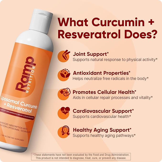 Liposomal Curcumin + Resveratrol Liquid – 200mg Curcuminoids + 75mg Trans-Resveratrol – Joint Support Anti-Inflammatory &amp Longevity – High Absorption – Vegan – 30 Servings